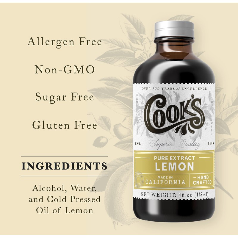 Cook's Pure Lemon Extract, Premium Quality, Cold Pressed Lemon, Sugar
