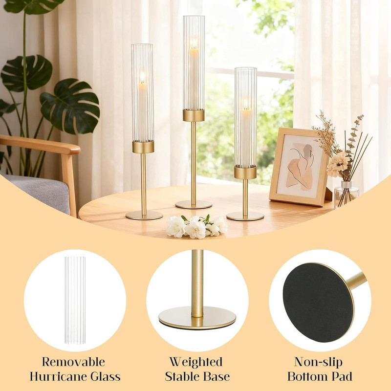 Glass Hurricane Candle Holders Set of 6,Brass Candlestick Holders,Taper Candlestick