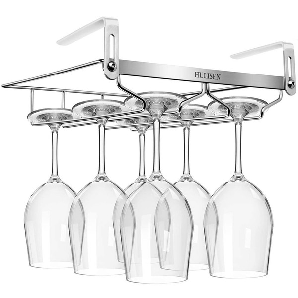 HULISEN Wine Glass Holder with Adjustable Shelf Thickness Wine Glass Hanger Hanging, No Drilling, Screw-On, 18/8 Stainless Steel (2 Lanes)