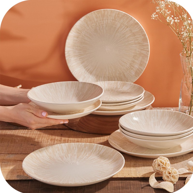 Corona 12-Piece Light Sandy Beige Ceramic Dinnerware Sets, Plates and