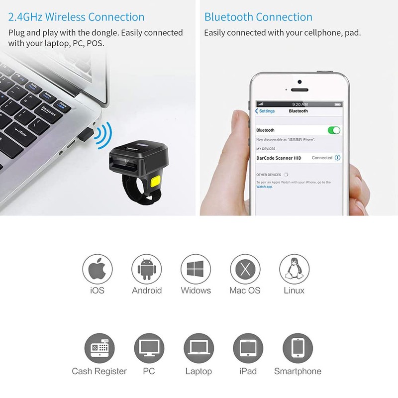 Symcode Wireless Bluetooth Barcode Scanner with Bluetooth & 2.4GHz Wireless