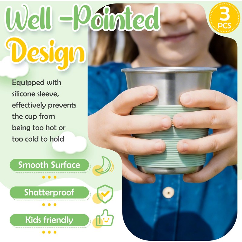 Stainless Steel Kids Cups with Silicone Sleeves, 8oz Metal Tumbler