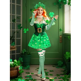 Jansun 7PCS St. Patrick's Day Outfits Accessories Women Leprechaun Costume Shamrock Headband Necklace LED Shamrock Tutu Skirt Arm Warmers Green Stripe Socks for St. Patrick's Day Irish Decorations