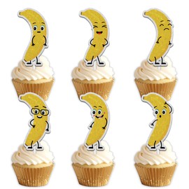 18pcs Yellow Glitter Cute Banana Dessert Cupcake Topper Pick for Funny Fruit Theme Decor Supplies Baby Shower Men Women Boys Girls Happy Birthday Party Decorations