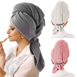 Toalla de Secado de Pelo 3 Pack,Toalla de Microfibra para Secar el Pelo con Banda,Secador de Pelo Super Absorbente,Gorro de Baño Ultra Absorbente de A