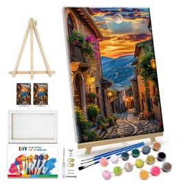 JOOZ Paint by Numbers Kit for Adults Landscape Paint by Number with Frame Town Street Paint by Number with Easel Moon Oil Painting Kits for Gift Home Wall Decor 7.87x11.81 Inch