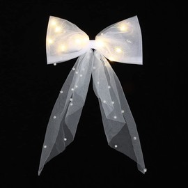 Jeairts Led Veil Bridal Bow Clip Pearl Wedding Hair Piece Glowing White Tulle Bow with Clip Bachelorette Party Hair Accessories for Women and Girls (A-Yellow Light)