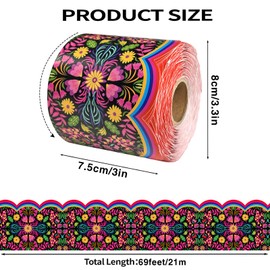 69 Feet Mexican Floral Bulletin Board Borders Spanish Colorful Scalloped Fiesta Flower Die Cut Trim Roll for Hispanic Heritage Month National Hispanic Wedding School Classroom Office Party Wall Decor