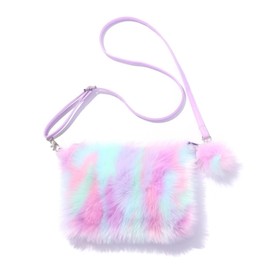 JUMISEE Fluffy Faux Fur Crossbody Purse for Kids Girls Women Tie Dye Rainbow Shoulder Bag Handbag Wallet