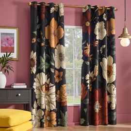 jinchan Vintage Floral Curtains for Bedroom Blackout Drapes for Living Room Darkening Textured Fabric Flower Pattern Printed Curtains 90 Inches Length 2 Panels Set with Grommet Black