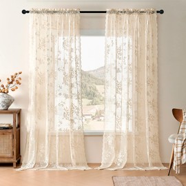 Beige Lace Curtains 45 Inch Length Country Floral Curtains for Living Room Bedroom Victorian Flower Sheer Curtains 2 Panels Set Rod Pocket Light Filtering Short Small Window Drapes Rustic Decor, 52x45