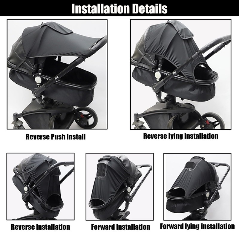 Universal Kinderwagen Sonnenschutz, Passend für 98% aller Kinderwagen, Mehrfach-Installationsmöglichkeiten, Schwarz