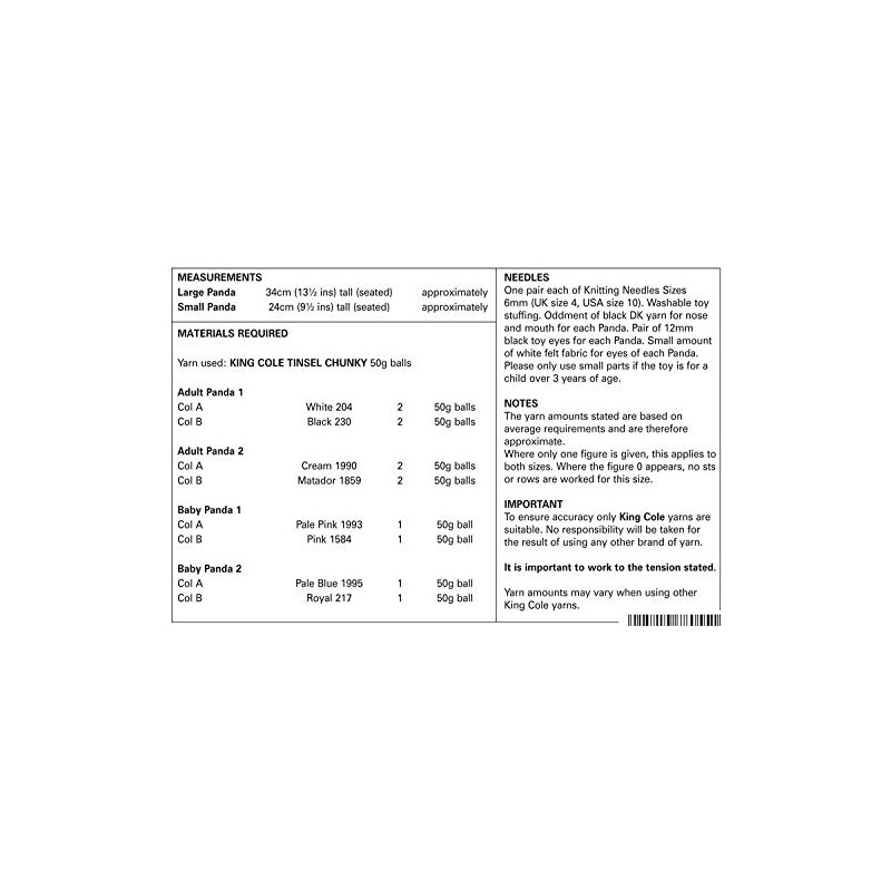 King Cole 9059 Knitting Pattern Panda's in Tinsel Chunky