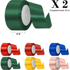 Kit 2 rollos de listón satinado de 4 centímetros de ancho, La longitud total es de 45 m, Ideal para crear moños de regalo, decoración para el Día de San Valentín y el Día de la Madre, Hecho de cinta de satén de colores (Verde oscuro, 2 Rollos)