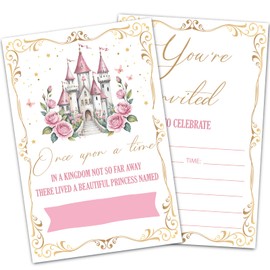 Uniizone Princess Birthday Invitations, Fairytale Castle Themed Invitation for Girls Party Supplies, Once Upon A Time, 30PACK Floral Fill-in Invites with Envelopes (Pink)