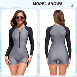 TERODACO One Piece Swimming Costume Women Removable Padded Half Zip Rash Vest Women Long Sleeve UPF50+ Ladies Swimsuits Wetsuit Rash Guard,Soft Stretchy Quick Dry 2506 Grey L