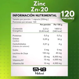 5h8 Zinc Zn2 120 Cápsulas, 20 Mgs De Zinc Complejo B Inmune Sin Sabor