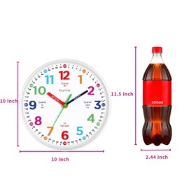 Roymnie Wall Clock 10 Inch for Kids Learning Kids Teaching Clock Analog Silent Battery Operated Colorful Teaching Time Clock Decorative for Kids Room Kitchen School (White Grain)