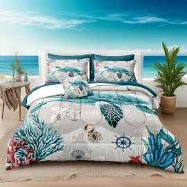 Bedbay 8-Piece Nautical Comforter Set - Retro Turtle California King with Sheets - Ocean Turtle Bedding - Coastal Bedding - Cal King Bed Set