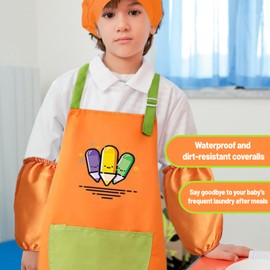 Yiyifor Malkittel Kinder, Malschürze Kinder,Malkittel Schule,Kinder Schürze und Kochmütze Set,Wasserdicht Kochschürze Kinder,für Backen,Malen,Kochen(6-11Jahre)
