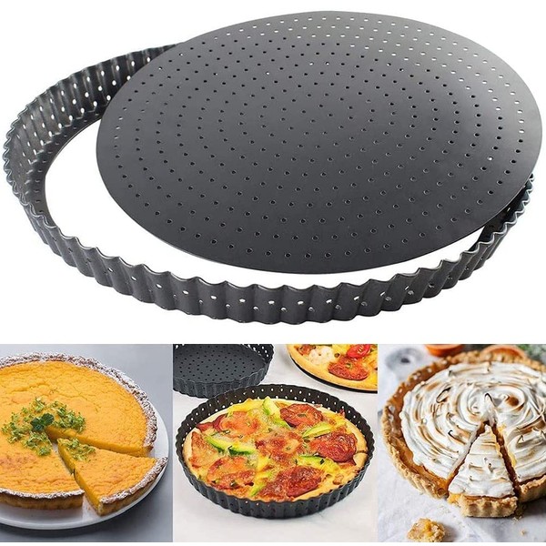 JUNMEIDO Tart Mould with Lifting Base, Quiche Mould, 24 cm, Round Quiche Baking Mould, Non-Stick Carbon Steel Quiche Mould with Lifting Base, Suitable for Baking Eggs, Quiches, Tarts, Pizza, Pies