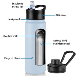 24oz Insulated Water Bottle with Straw Lid, Stainless Steel Metal Water Bottle with Straw & Wide Mouth Lid, Double Wall Vacuum Water Bottle for Hiking Camping, Laight Blue 1 Pack