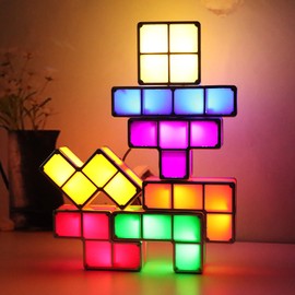 VEEKI Stackable Night Light for Kids, LED 7 Colors 3D Puzzles Induction Interlocking USB Table Lamp, Aesthetic Room Decor DIY Tangram Puzzles Cube Lamp for Bedroom Decor Gifts for Boys Girls (USB)