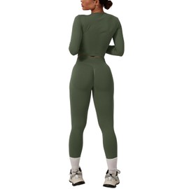 Workout Sets for Women 2 Piece Seamless Long Sleeve Top Hidden Scrunch Leggings Gym Outfits