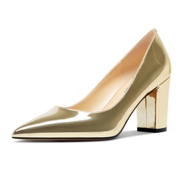 Aachcol Womens Chunky Block Mid Heel Pointed Toe Pumps Slip-on Prom Party Dress Basic Classic Patent Leather 3.2 Inches Heels Gold 8 M US