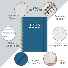 2025 Appointment Book & Planner - A5 2025 Daily Hourly Planner from January 2025 - December 2025, Weekly Appointment Book with 30-Minute Interval, Medium 6.4" x 8.5", Dark Blue