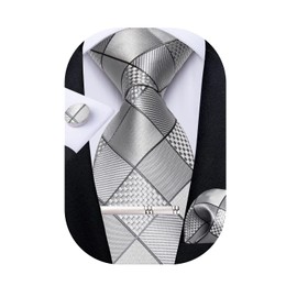 DiBanGu Silk Necktie, Wedding, Pocket Square, Tie Clip, Cufflinks Set, Gift Box Included, silver plaid