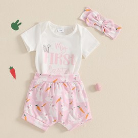 M9ppzzur7 My First Easter Outfit Baby Girls Letter Print Romper and Rabbit Tail Shorts + Headband Set Clothes (Pink, 3-6 Months)