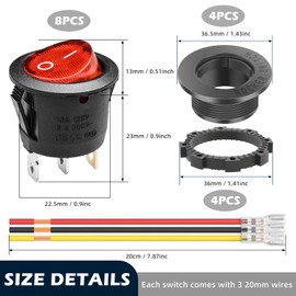 Round Rocker Switch, Toggle Switch, 6 Pack Red LED Toggle Switch, AC 6A 125V 10A 250V Rocker Switch, with 3 Pack Shell and 18 Pack Terminal Wire for Marine, Car, Car, Rv, Truck