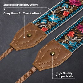 Camera Strap - Double Layer Full Grain Thick Cowhide Skin Crazy Horse Crafting Arts Leather Ends,2” Wide Embroidered Pure Cotton Camera Strap,Adjustable Shoulder & Neck Straps for All DSLR Camera