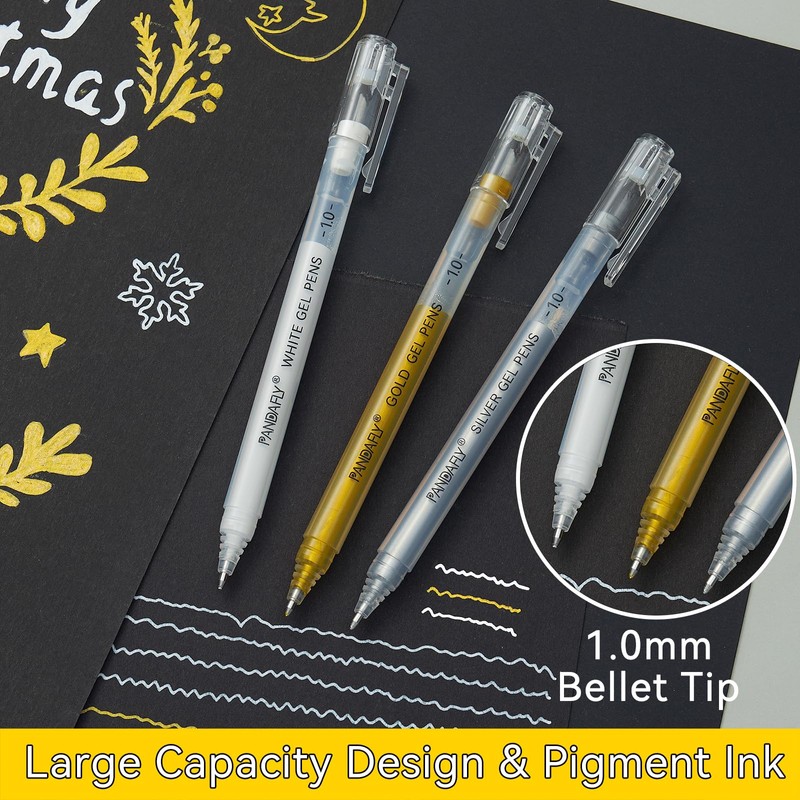PANDAFLY Gold Silver White Gel Pens, 10 Pack, 1mm Extra