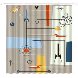 Mid Century Shower Curtain Vintage Iconic Atomic Starbursts Modern Retro Space Abstract Geometric Gray Fabric Bathroom Decor Set with Hooks(70" WX70 H)