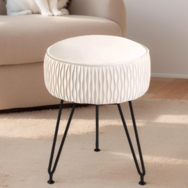 MOOWIND Velvet Vanity Stool Footrests, Round Ottoman Vanity Chairs with Anti-Slip Feet, Dressing Table Seat Foot Stool with Black Legs, Furry Padded Seat Side Table for Makeup Bedroom, White