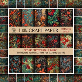 Scrapbook Paper (30 Pages 12"x12") Festive Holly Berry: Art Nouveau Holiday Patterns for Seasonal Crafting FLONZ Vintage Styled Double Sided Paper Pad for Craft Cardmaking