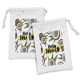Ambesonne Hello Summer Fabric Pouch Set of 2, Abstract Summertime Concept Wording in Trend Lettering and Coconut Halves, Small Drawstring Bag for Toiletries Masks and Favors, 9" x 6", Multicolor