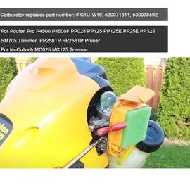 ZAMDOE 530071811 Carburetor Replacement for Poulan Pro PP025 PP125 P4500 P4500F PP258TP PP25E 25cc Trimmer, for Craftsman 358791010, Replace for ZAMA # C1U-W19