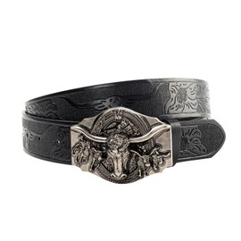 GENEMEN Western Cowboy Herd Buckle Belt for Men Women Cowgirl Floral Engraved Embossed Leather Belt for Jeans (Sliver Herd Black, 110)