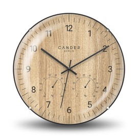 Cander Berlin MNU 2730 X Wall Clock Wood Silent 30 cm Temperature Humidity Modern Oak Veneer without Ticking Noises Analogue