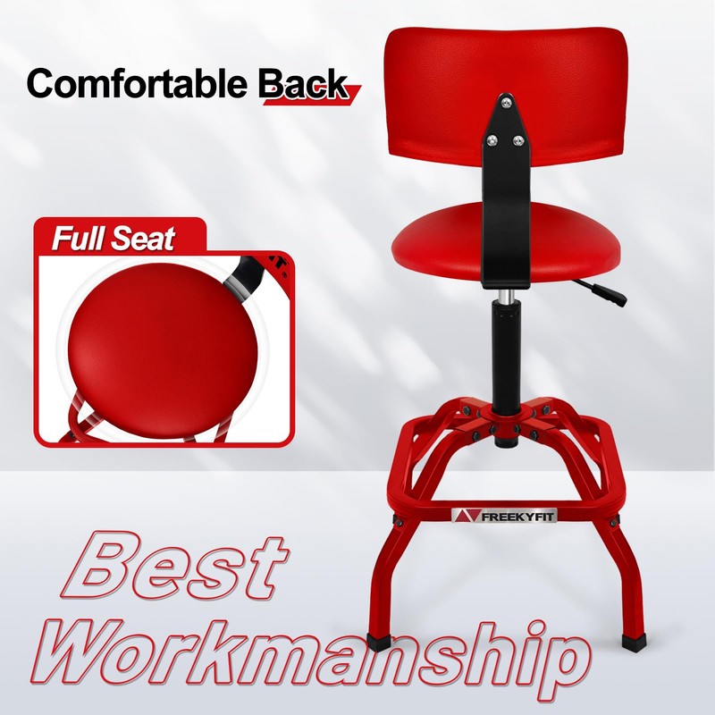 FreekyFit Shop Stool with Backrest, Mechanic Garage Stool for Workshop,