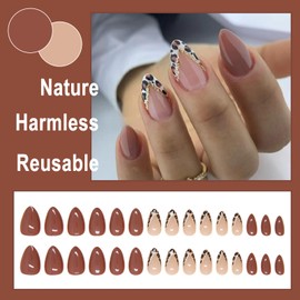 Ceboic 24 Pcs False Nails Short French Tip Press on Nails Almond Brown Leopard Print Fake Nails Glossy Acrylic Full Cover Glue on Nails Cute Stick on Nails for Women Girls Manicure Decoration
