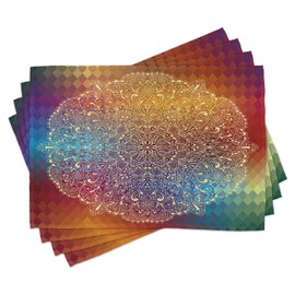 ABAKUHAUS Abstract Place Mats, Oriental Floral Detail, Washable Fabric Dining Room Kitchen Table Decoration Digital Print, Cream Multicoloured