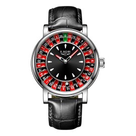 LIGE Reloj De Cuarzo LG89161 Casual Jugadores De Cuero Impermeable Correa Negro Bisel Plateado Fondo Negro