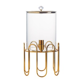 1 Gallon High Borosilicate Glass Beverage Dispenser with Glass Lid, Gold Iron Stand and Copper Spigot, Drink Dispenser for Hot/Cold Drinks, Parties, Lemonade, Iced Tea