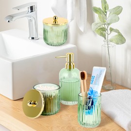 Bathroom Accessories Set,4 Pcs Green Glass Bathroom Accessories Set with Toothbrush Holder,Lotion Soap Dispenser,2 Qtip Holder Dispensers - Countertop Organizer for Modern Bathroom Decor - Green
