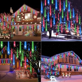 ZPQBEYE Meteor Shower Lights Outdoor Christmas Lights 24-Tube 576LEDs Snow Falling Rain Cascading Icicle Lights for Christmas Tree Decorations Wedding Party Holiday Garden Decor, UL Plug Multi Color