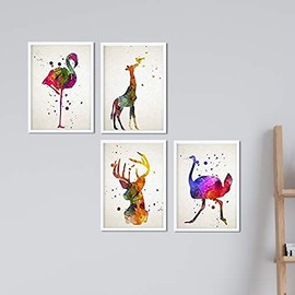 Set of 4 Sheets for framing, Flamenco, Ostrich, Deer and Giraffe, Style Watercolor Painting. Reproduction with Images of Animals, Size A4. Home Decor. Paper 250 Grams High Quality. Decorate The domitorio, Living Room, or make the perfect gift.